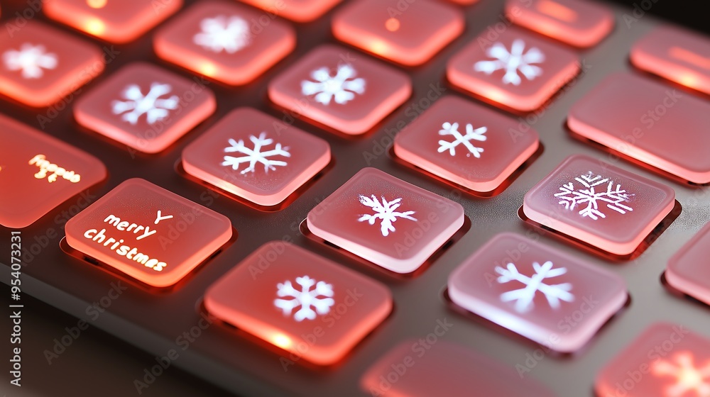 Close-up of the keyboard illuminated by orange light, with snowflakes and glowing text Close-up of the keyboard illuminated by orange light, with snowflakes and glowing text