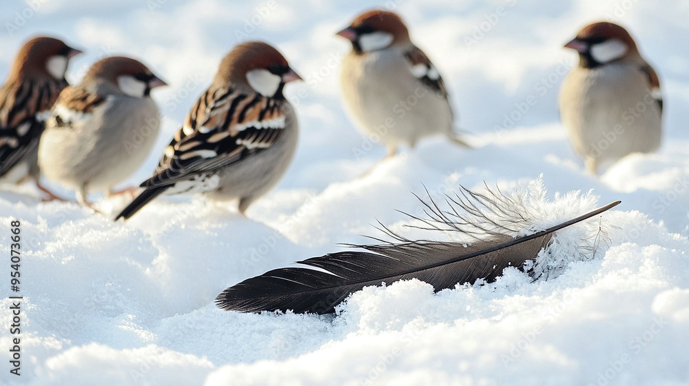 A flock of birds perched on a snowy mound adjacent to a monochromatic feather also resting atop the snow A flock of birds perched on a snowy mound adjacent to a monochromatic feather also resting atop the snow