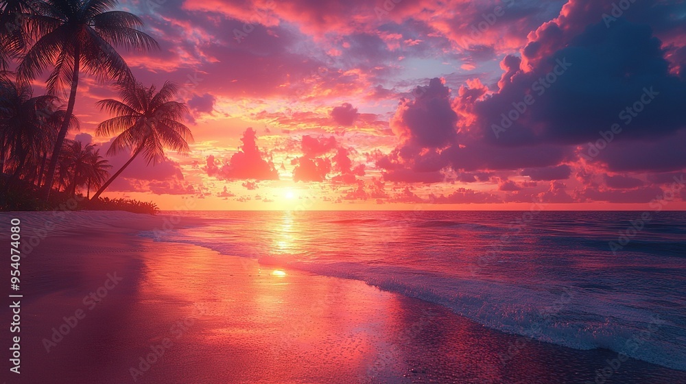 A sunset at a tropical beach, with palm trees in the foreground and the sun sinking into the ocean in the background A sunset at a tropical beach, with palm trees in the foreground and the sun sinking into the ocean in the background