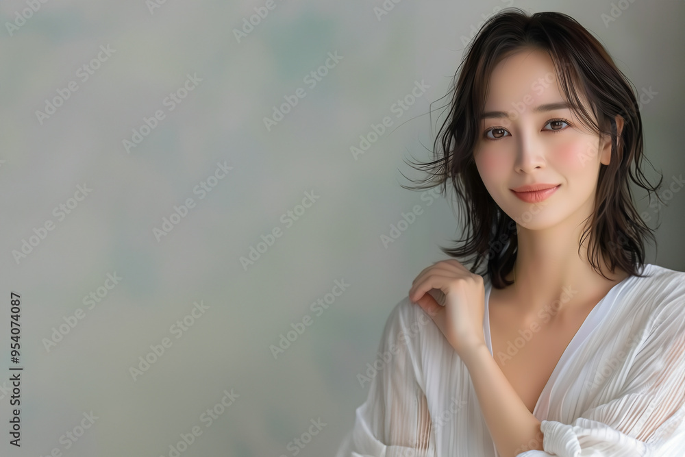 白いブラウスが似合う柔らかい笑顔の女性 白いブラウスが似合う柔らかい笑顔の女性