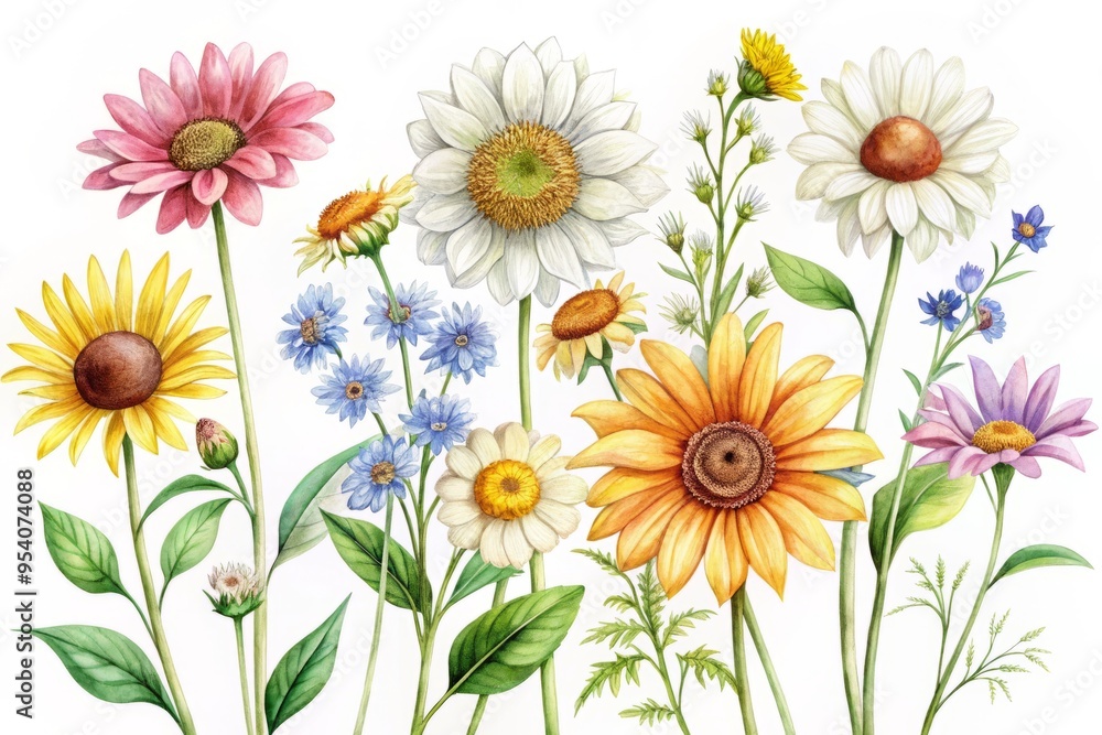 Delicate, hand-drawn illustrations of various colorful flowers, including daisies and sunflowers, in a minimalist style Delicate, hand-drawn illustrations of various colorful flowers, including daisies and sunflowers, in a minimalist style