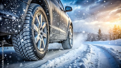 Closeup of winter car tires. Vehicle on snowy way at snowfall. Car's wheels spin and spew up pieces of snow as it attempts to gain traction on the road covered with snow