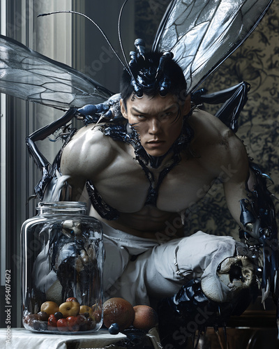 Hyper-realistic humanoid insect-like creature with wings and antennae, blending organic and mechanical elements, set against a moody background photo