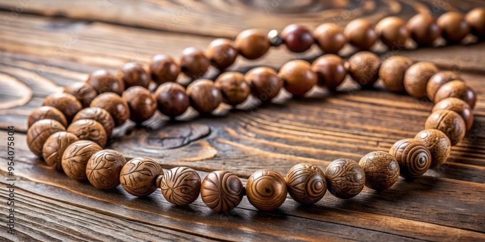 Delicately crafted wooden prayer beads with intricate patterns and subtle texture lay gently on a worn wooden table,