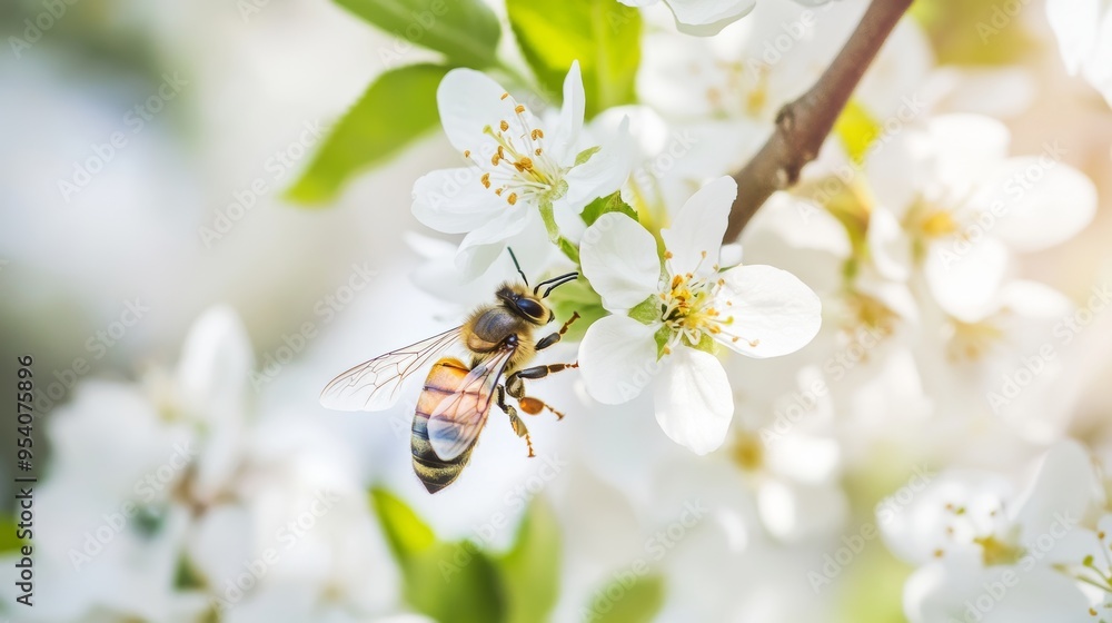 Bee hovering near blossom of an apple tree branch in a garden, Spring nature background with copy space Generative AI Bee hovering near blossom of an apple tree branch in a garden, Spring nature background with copy space Generative AI