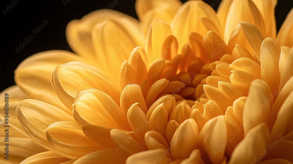 A close-up of a yellow flower with intricate details on its petals against a dark background A close-up of a yellow flower with intricate details on its petals against a dark background