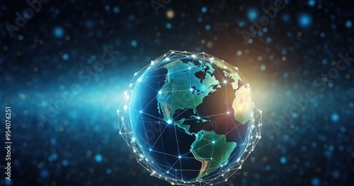 A digital representation of Earth surrounded by a network of connections, symbolizing global communication and technology.