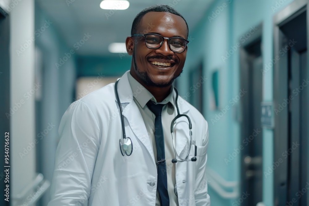 A smiling black man wearing a white lab coat and stethoscope,generative ai image A smiling black man wearing a white lab coat and stethoscope,generative ai image