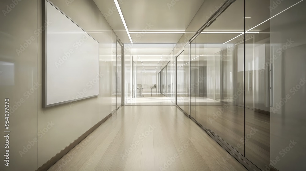 Obraz premium Modern Office Corridor Interior with Glass Walls and Whiteboard Generative AI
