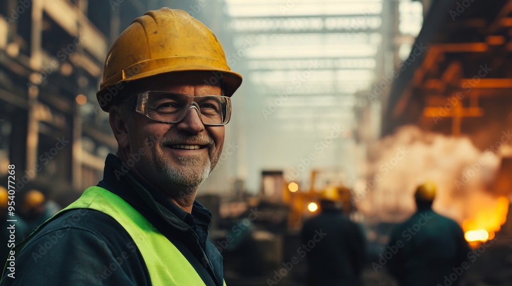 Portrait of a smiling middle-aged worker in a hard hat and safety vest with a busy steel mill background Generative AI Portrait of a smiling middle-aged worker in a hard hat and safety vest with a busy steel mill background Generative AI