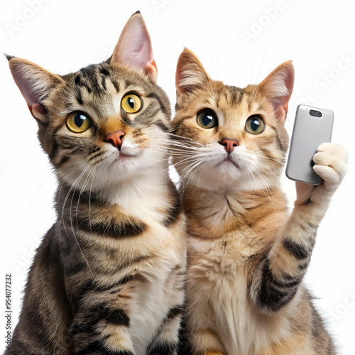 two cats taking a selfie with white background