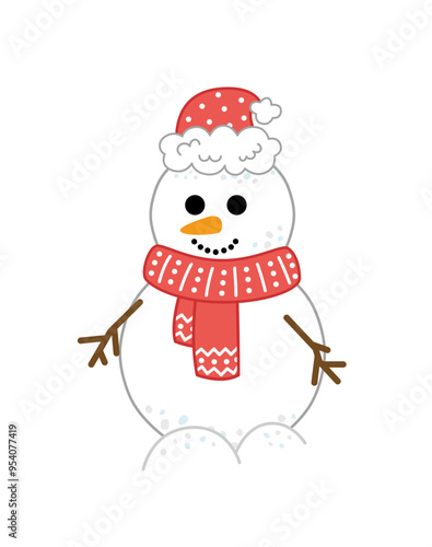 Snowman. Cute cartoon snowman with red hat and scarf. Cartoon, vector