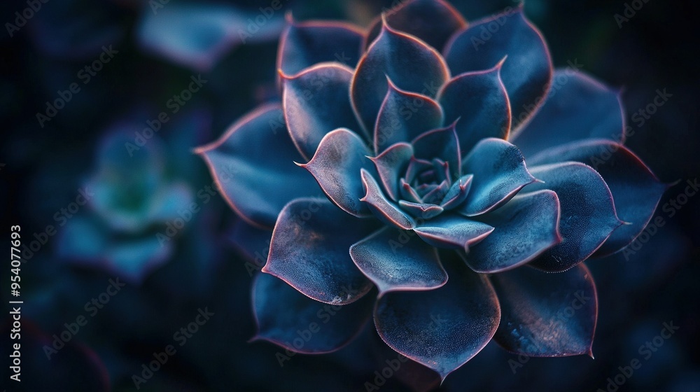 A photo of a blue succulent with green leaves in close-up, against a dark backdrop A photo of a blue succulent with green leaves in close-up, against a dark backdrop