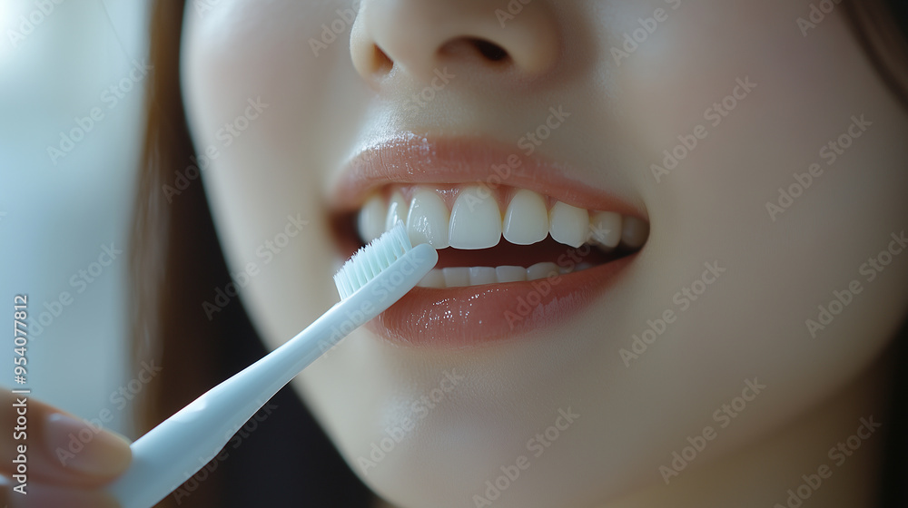 Naklejka premium A person brushing their teeth with an electric toothbrush, emphasizing thorough oral hygiene.