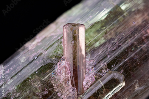 Bi-colored watermelon twin tourmaline detail. Micro photography extreme close-up. microscope mineral crystal photography for Scientific use