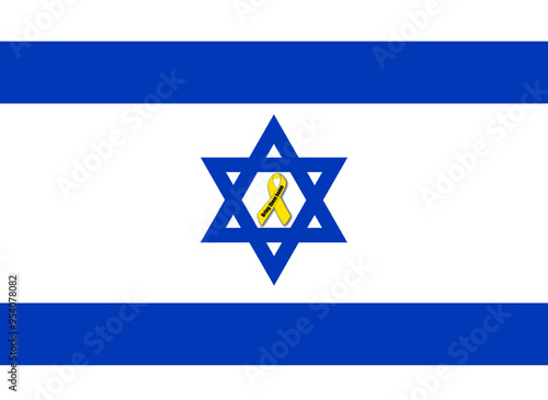 National flag of state of Israel with yellow ribbon bring them home as support for kidnapped hostages. Illustration made September 1st, 2024, Zurich, Switzerland.