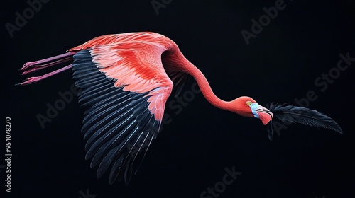   A pink flamingo in flight with its wings open and head turned