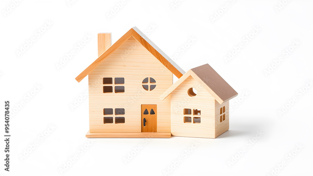 Toy wooden house on white background symbolizing home ownership space for text. Generative AI Toy wooden house on white background symbolizing home ownership space for text. Generative AI