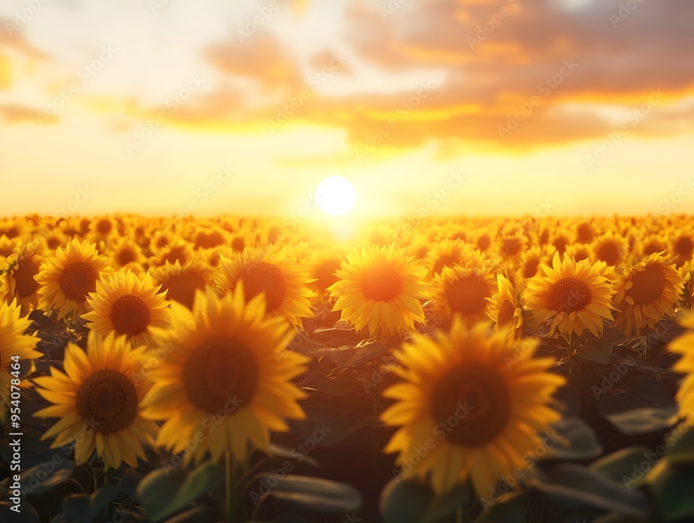 Fototapeta premium A field of sunflowers with the sun setting in the background