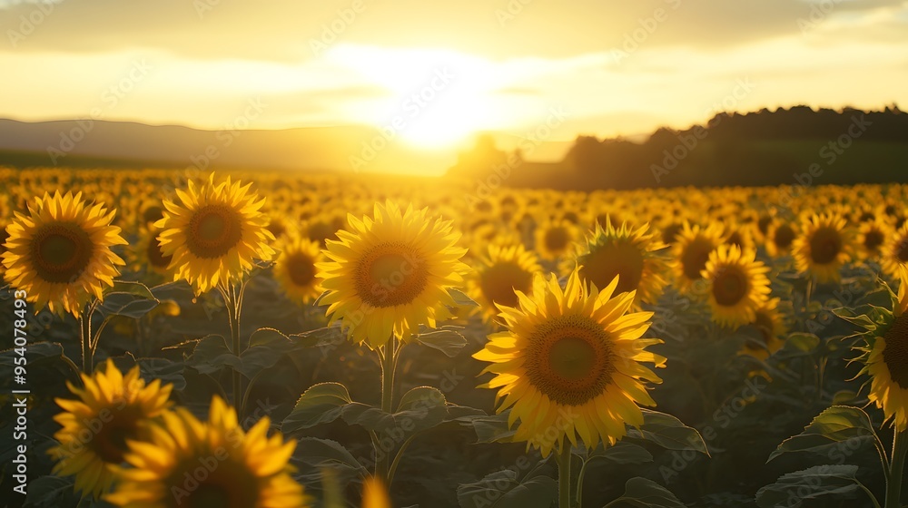Obraz premium A field of sunflowers with the sun setting in the background