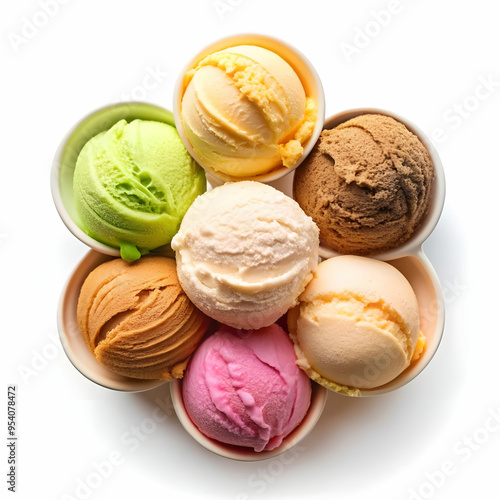 top view delicious creamy ice cream with white background