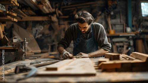 Carpenter working on wood in cozy workshop