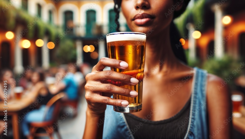 Woman holding a glass of beer at an outdoor social gathering in a lively courtyard Woman holding a glass of beer at an outdoor social gathering in a lively courtyard