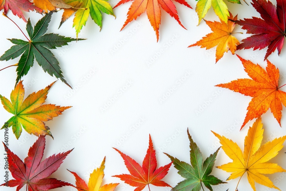 Autumn Maple Leaves Flat Lay White Background created with Generative AI Autumn Maple Leaves Flat Lay White Background created with Generative AI