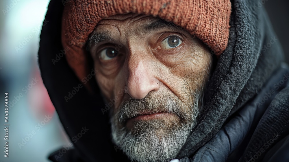 A portrait of a middle-aged man with a weathered face, wearing a dark hoodie and knitted hat, captured in an urban environment during winter
A portrait of a middle-aged man with a weathered face, wearing a dark hoodie and knitted hat, captured in an urban environment during winter