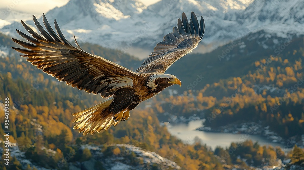 A bird soaring amidst trees against a mountainous backdrop A bird soaring amidst trees against a mountainous backdrop