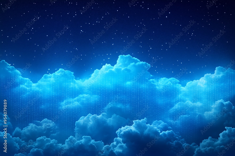 A surreal digital cloudscape set against a deep blue starry sky, where fluffy clouds are intertwined with streams of binary code, symbolizing the concept of cloud computing, data storage, and digital A surreal digital cloudscape set against a deep blue starry sky, where fluffy clouds are intertwined with streams of binary code, symbolizing the concept of cloud computing, data storage, and digital