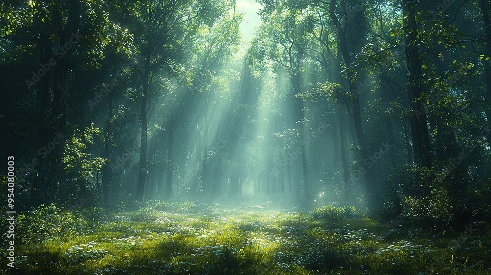 A lush forest abounds with myriad verdant trees, bathing in golden sunlight on a radiant day A lush forest abounds with myriad verdant trees, bathing in golden sunlight on a radiant day