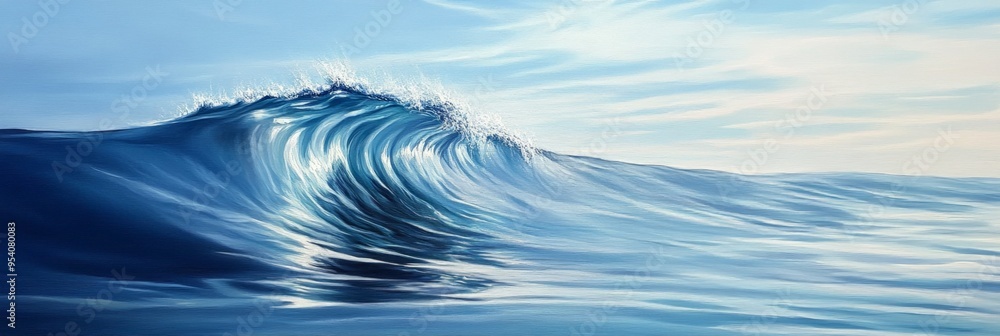 A reflective wave, with the surface of the water mirroring the sky. A reflective wave, with the surface of the water mirroring the sky.