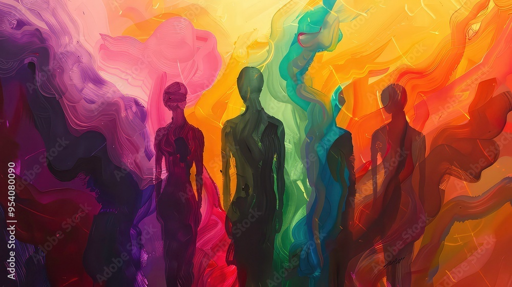 Abstract art with four silhouettes of people in a colorful and textured background. Abstract art with four silhouettes of people in a colorful and textured background.