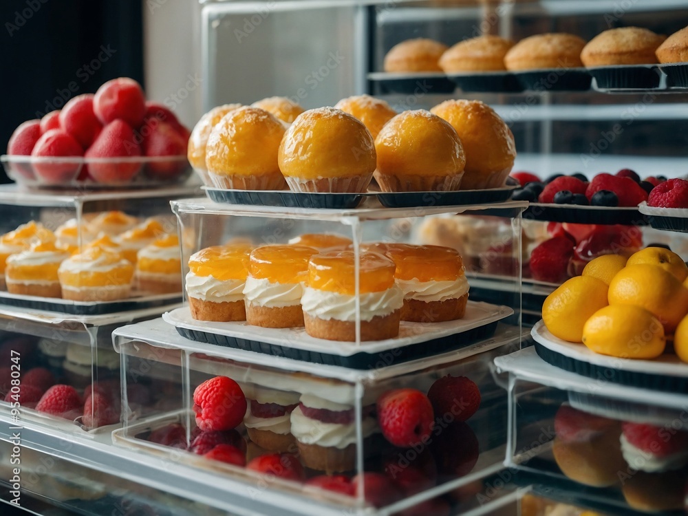 Cream Cakes with Fruit in Plastic Boxes Stacked in Showcase Cream Cakes with Fruit in Plastic Boxes Stacked in Showcase