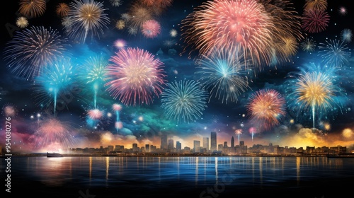 Vibrant Fireworks Display Over City Skyline at Night