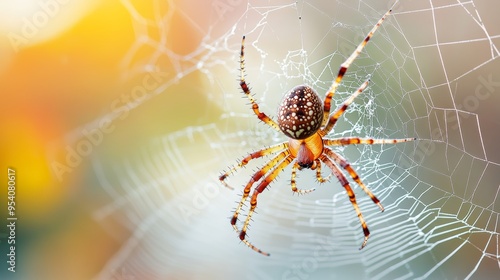 A close-up view of a spider weaving a delicate web in the early morning sunlight in a garden setting during springtime