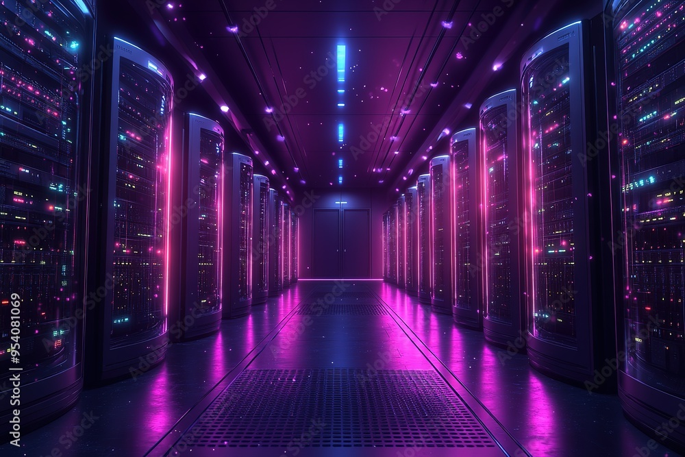 A long hallway with many computer servers lit up in purple A long hallway with many computer servers lit up in purple