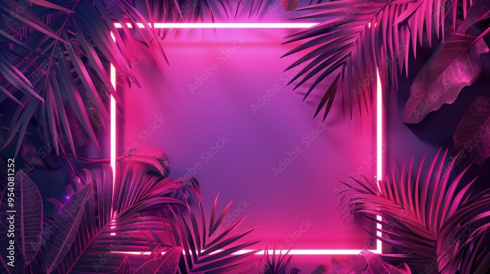 A vibrant neon frame surrounded by lush tropical leaves, perfect for showcasing text or graphics. A vibrant neon frame surrounded by lush tropical leaves, perfect for showcasing text or graphics.