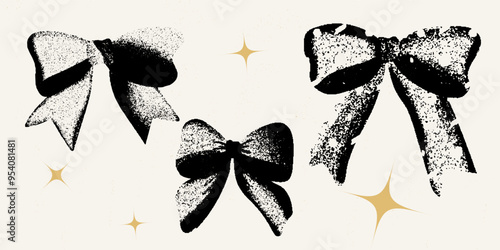 Grunge-style bows with distressed textures, combining vintage charm with modern graphic design, perfect for edgy and creative projects. Vector illustration