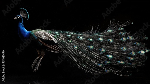   Peacock feathers spread open in a close-up image