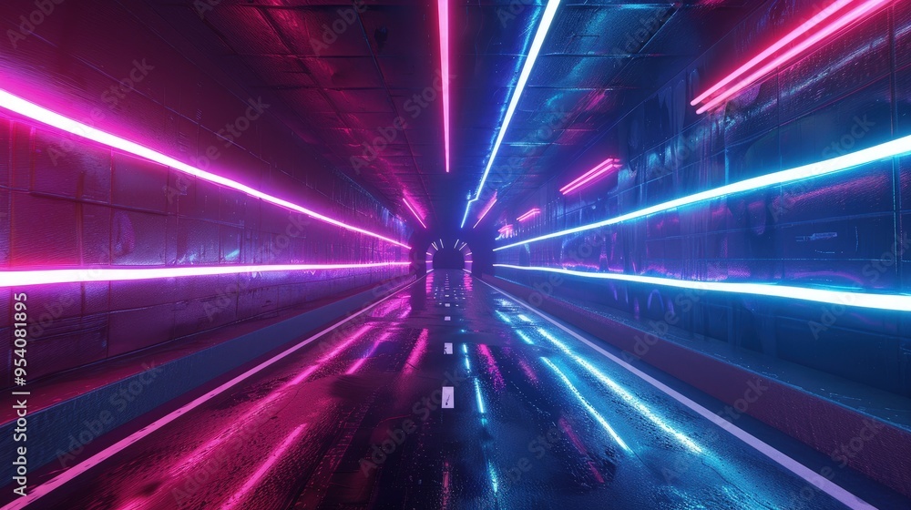 A vibrant, futuristic tunnel illuminated by neon lights, reflecting on a wet surface, creating a dynamic visual experience. A vibrant, futuristic tunnel illuminated by neon lights, reflecting on a wet surface, creating a dynamic visual experience.