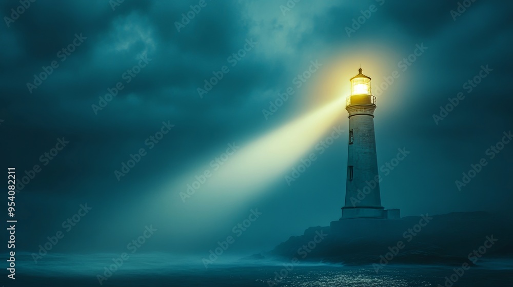 A solitary lighthouse beams light across turbulent seas under a cloudy twilight sky A solitary lighthouse beams light across turbulent seas under a cloudy twilight sky