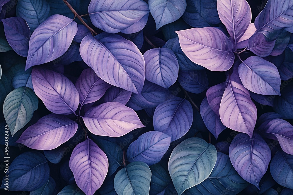 A close up of purple leaves with a blue background
