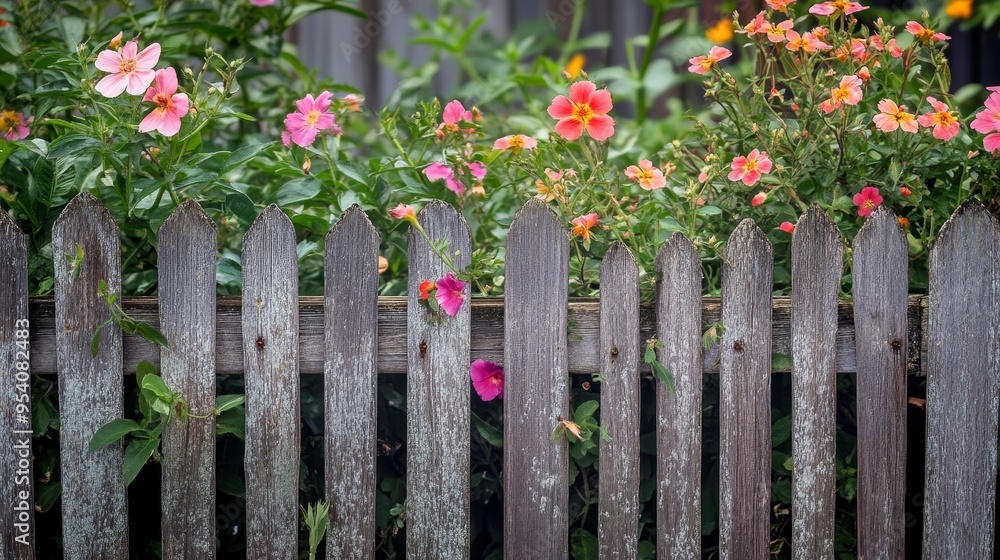 Fototapeta premium A colorful flower garden grows by a rustic wooden fence in a tranquil setting during late spring or early summer