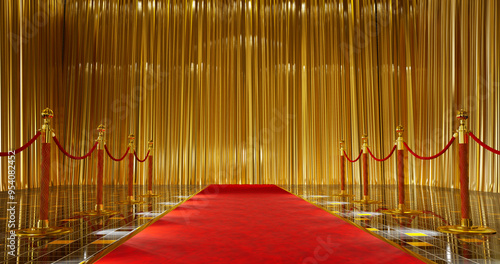 3D render of red carpet with golden barrieres leading to a gold curtain background