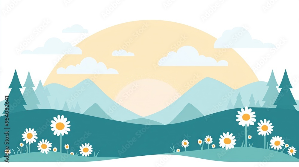 Sunset over mountain range with daisies and trees in foreground Sunset over mountain range with daisies and trees in foreground