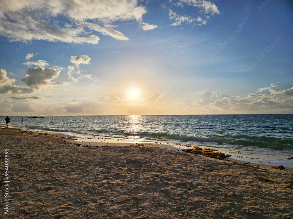 Beautiful sunrise on a the Mayan Riviera beach