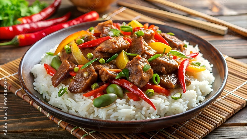 asiatische Küche - gebratenes Fleisch mit scharfen Gemüse auf Basmati Reis asiatische Küche - gebratenes Fleisch mit scharfen Gemüse auf Basmati Reis