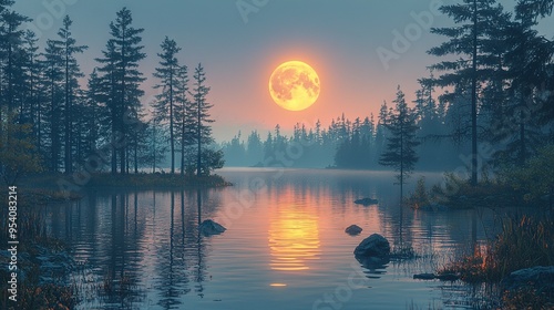  A full moon rises over a lake surrounded by pines and rocks in the foreground, with water reflecting its glow